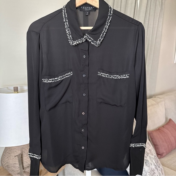 Laundry by Shelli Segal Long Sleeve Button Front Egret Blouse Boucle Trim M NWT - Picture 2 of 9
